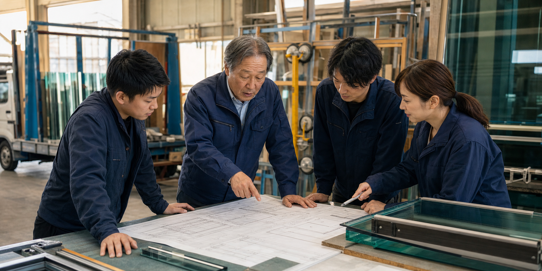 ガラス会社 事業承継で施工技術を引き継ぐ経営者と従業員