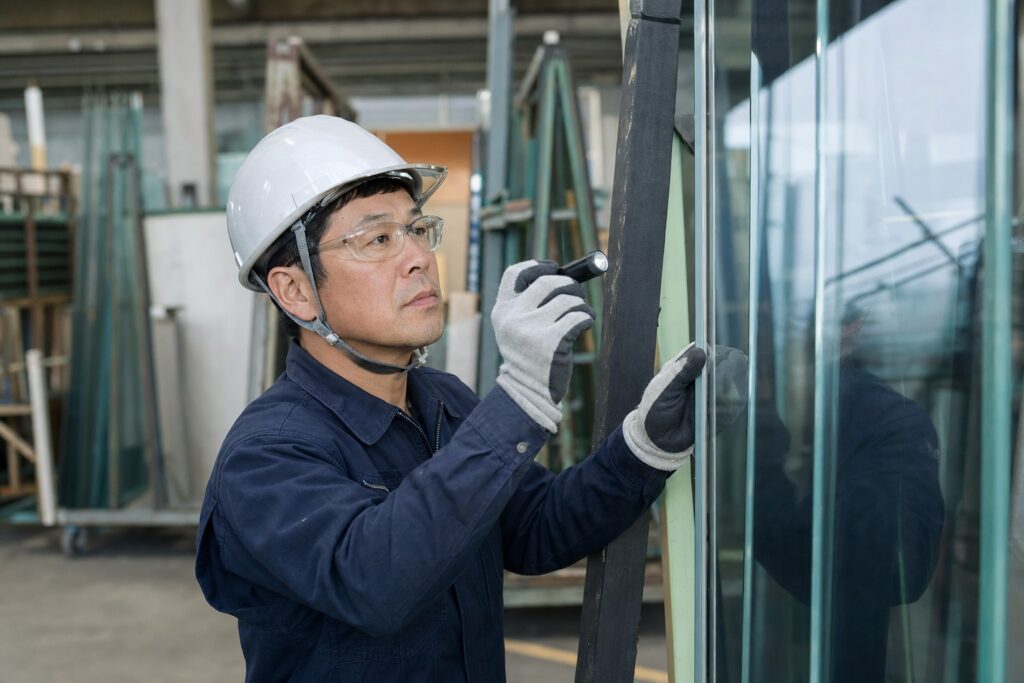 大型板ガラスを点検するガラス加工会社の技能者